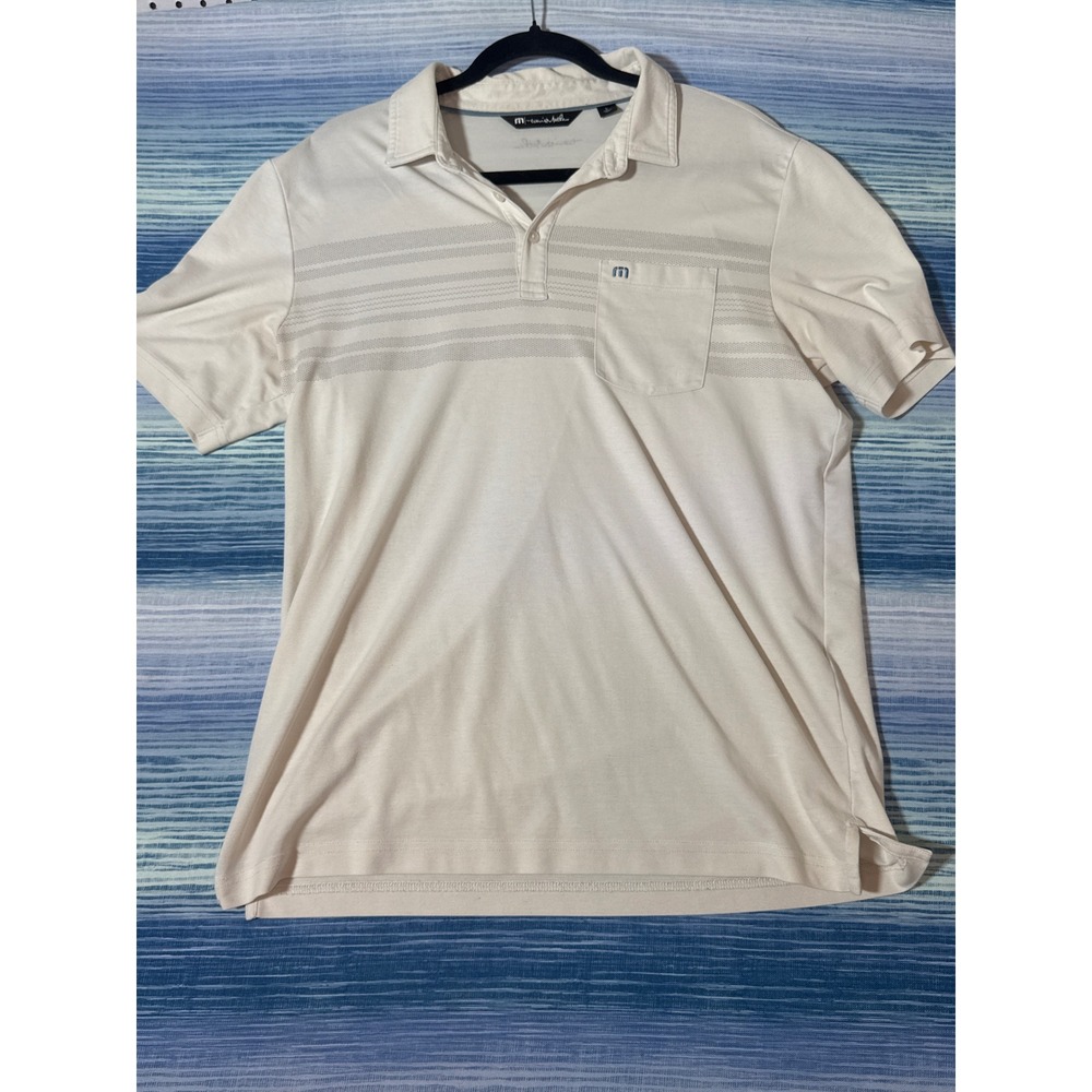 TravisMathew Mens Polo Shirt Large Cream Striped Pocket Golf Performance Short